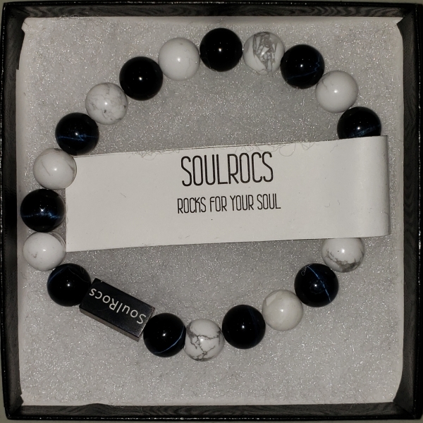 SoulRocs Bracelet- Blue Tiger Eyes with Howlite (White Bead)