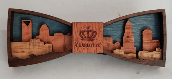 Wooden Bow Tie- Charlotte Skyline with Carolina Blue Skies